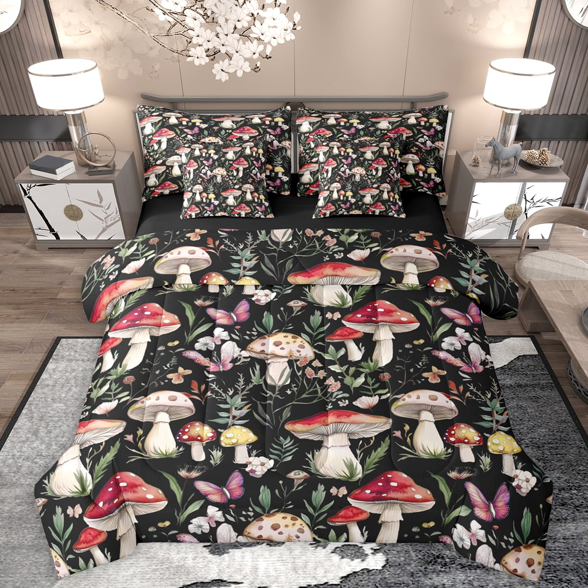 Homewish Kawaii Pink Butterfly 7-Piece King Bedding Set Red Mushroom Rustic Floral Breathable Reversible Decor For Teens