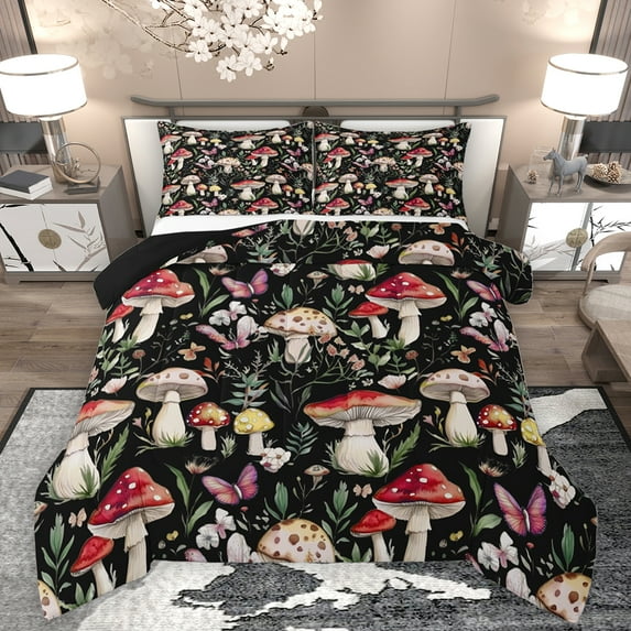 Homewish Kawaii Pink Butterfly Bedding Comforter Set,Red Fungus Mushroom Twin Comforter Sets,Rustic Flower Floral Bedding Set For Teens,Breathable Home Decor Reversible,2pcs