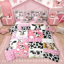 Homewish Kawaii Pink Cartoon Twin Bedding Sets 7-Piece, Cute Rustic Milk Cow Bedding Comforter Set, Princess Patchwork Reversible Sheet Sets, Microfiber Bedroom Decor