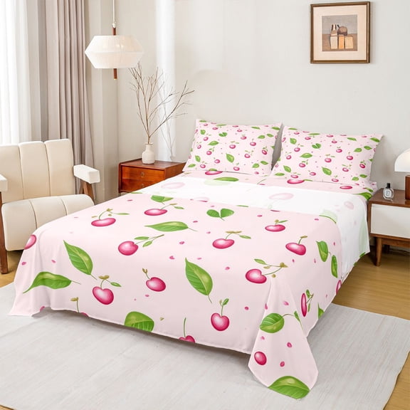 Homewish Kawaii Pink Cherry Bed Sheets for Kids, Cute Cartoon Fruit King Sheets, Princess Style Sheet Set, Breathable Home Decor, 4 Pieces