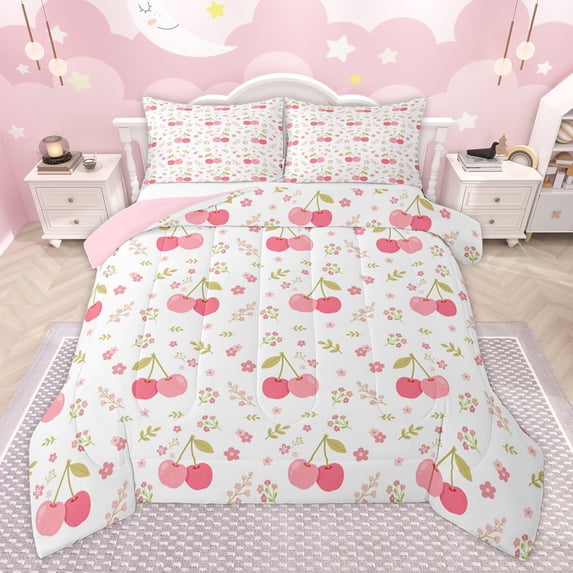 Homewish Kawaii Pink Cherry Full Size Comforter Sets for Kids, Cartoon Flower Floral Bedding Comforter Set, Plant Botanical Print Reversible Bedding Sets, Ultra Soft Bedroom Decor, 3 Pieces