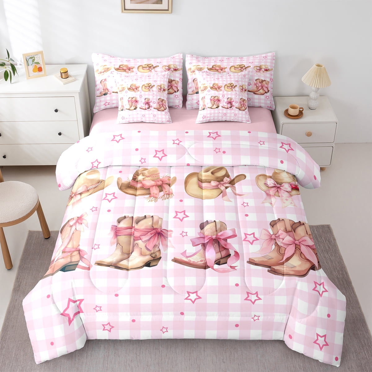 Homewish Kawaii Pink Cowgirl Twin Bedding Sets 7-Piece for Kids, Dreamy ...