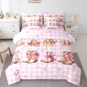 Homewish Kawaii Pink Cowgirl Twin Bedding Sets 7-Piece for Kids, Dreamy Cherry Blossoms Bedding Comforter Set, Cartoon Buffalo Reversible Sheet Sets, Lightweight Room Decor