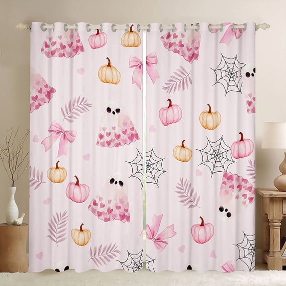 Homewish Kawaii Pink Ghost Blackout Curtains Set of 2 (52x84 Each) for Girls, Pumpkin Bowknot Curtain, Blush Pink