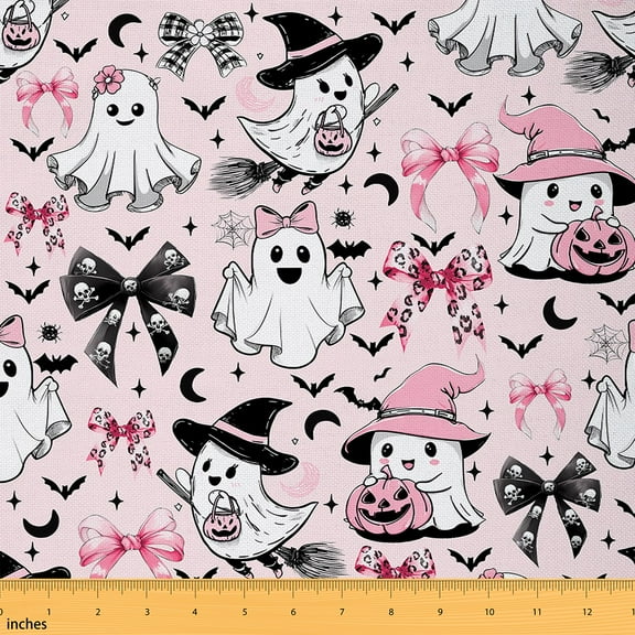 Homewish Kawaii Pink Ghost Fabric by the Yard 1 Yard for Kids, Princess Ribbon Bow Room Decor Fabric by the Yard, Happy Halloween Sewing Fabric, Microfiber Bedroom Decor