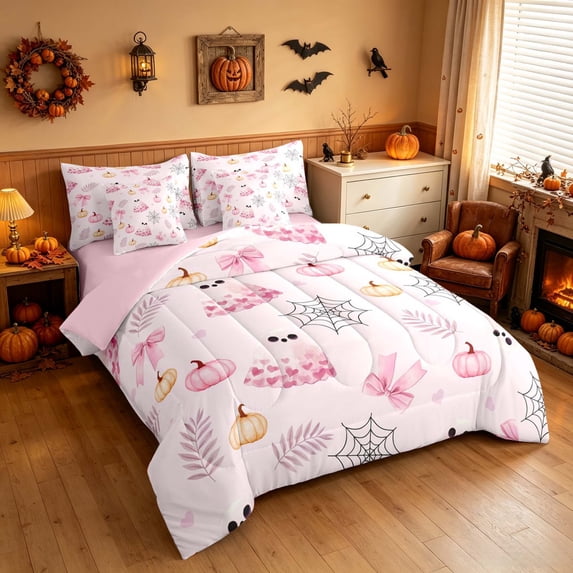 Homewish Kawaii Pink Ghost King Bedding for Girls, Pumpkin Bowknot King Bed in a Bag, Blush Pink, Pink Reversible 7pcs