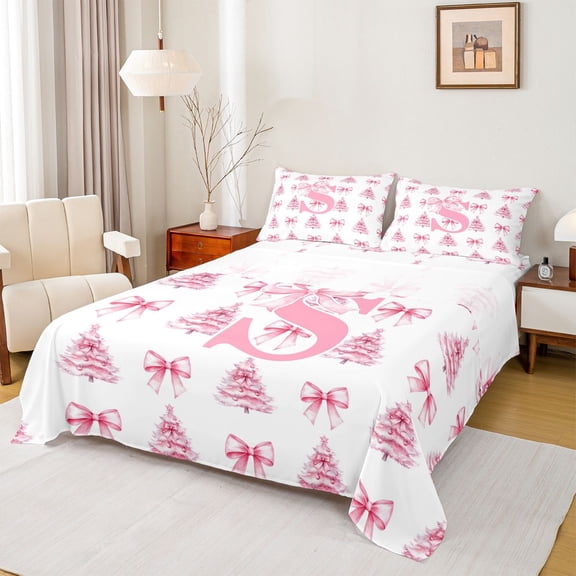 Homewish Kawaii Pink Letter Bed Sheets, Bowknot Monogrammed S King Sheets, Cartoon Christmas Tree Sheet Set, Luxury Bedroom Decor, 4-Piece