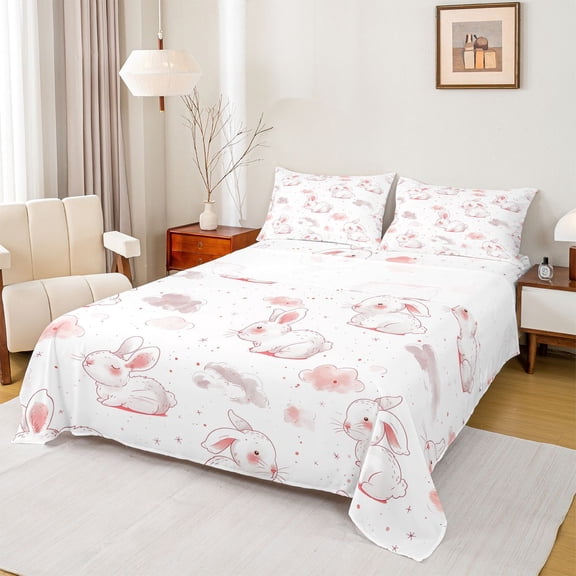 Homewish Kawaii Pink Rabbit Bed Sheets for Girls, Stars Starry Sky King Sheets, Dreamy Cartoon Theme Sheet Set, Lightweight Room Decor, 4 Pieces