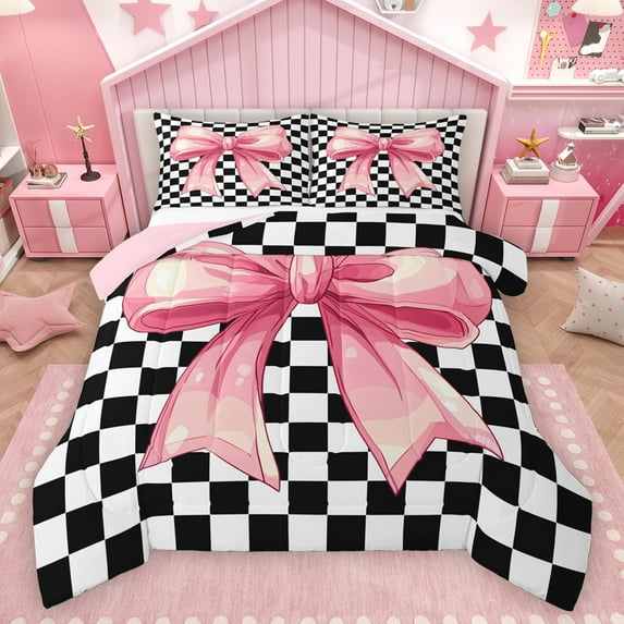 Homewish Kawaii Pink Ribbon Bedding Comforter Set, Fashion Buffalo Plaid Twin Comforter Sets, Teens Kids Girls Reversible Bedding Set, Luxury Bedroom Decor, 2 Pieces