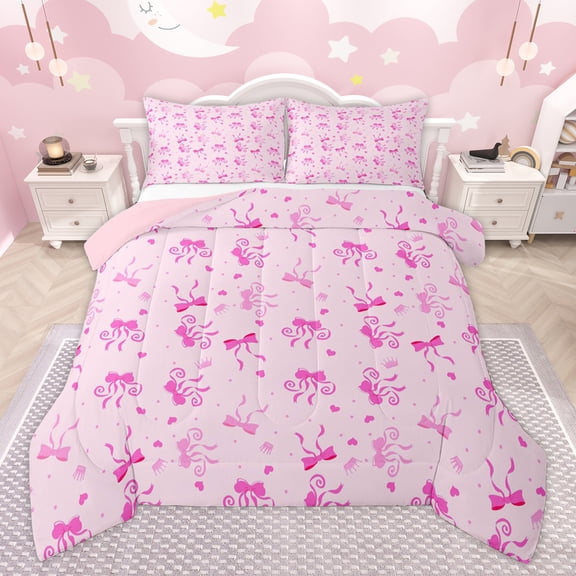 Homewish Kawaii Pink Ribbon Bedding Comforter Set for Kids, Princess Bow-tie Bow Twin Comforter Sets, Cartoon Love Heart Reversible Bedding Set, Breathable Home Decor, 2 Pieces