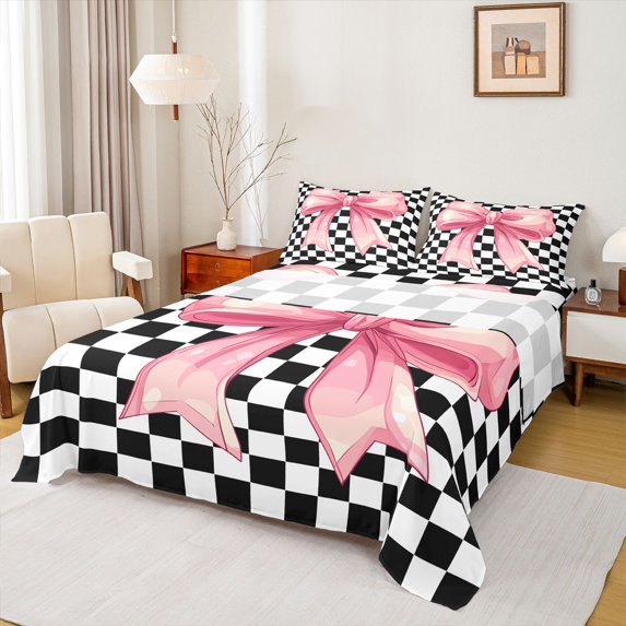 Homewish Kawaii Pink Ribbon Full Size Sheets, Fashion Buffalo Plaid Bed Sheets, Teens Kids Girls Sheet Sets, Luxury Bedroom Decor, 4 Pieces