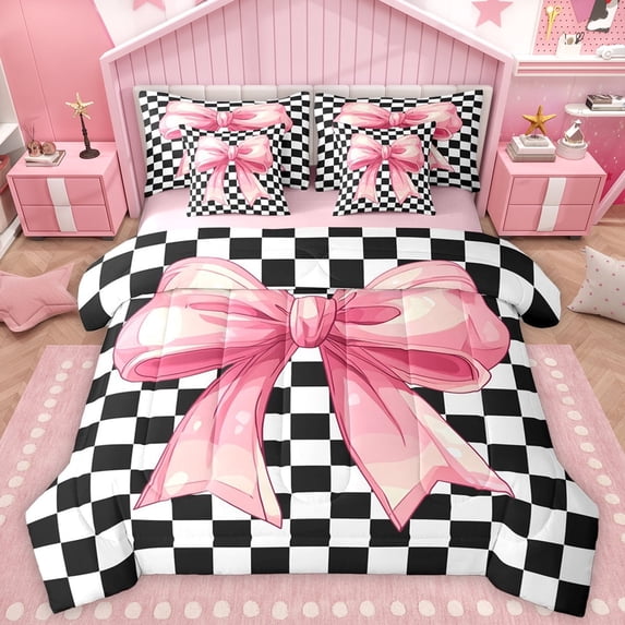 Homewish Kawaii Pink Ribbon Twin Bedding Sets 7-Piece, Fashion Buffalo Plaid Bedding Comforter Set, Teens Kids Girls Reversible Sheet Sets, Luxury Bedroom Decor