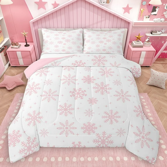 Homewish Kawaii Pink Snowflake Full Size Comforter Sets, Cartoon Stars Print Bedding Comforter Set, Merry Christmas Reversible Bedding Sets, Lightweight Room Decor, 3-Piece