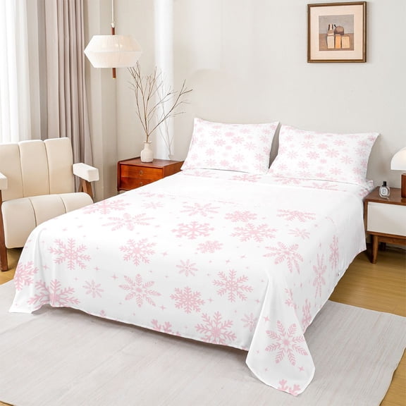 Homewish Kawaii Pink Snowflake Full Size Sheets, Cartoon Stars Print Bed Sheets, Merry Christmas Sheet Sets, Lightweight Room Decor, 4-Piece