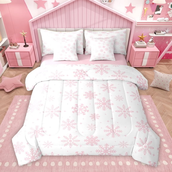 Homewish Kawaii Pink Snowflake Twin Bedding Sets 7-Piece, Cartoon Stars Print Bedding Comforter Set, Merry Christmas Reversible Sheet Sets, Lightweight Room Decor