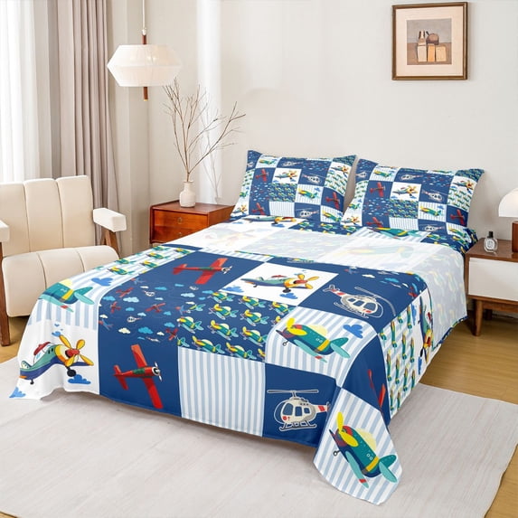 Homewish Kawaii Plane Aircraft Twin Sheet Sets, Vintage Cartoon Helicopter Twin Fitted Sheet, Teens Kids Boys Girls Flat Sheet, Lightweight Room Decor, 3pcs
