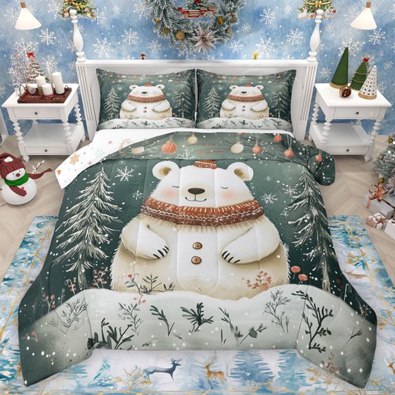 Homewish Kawaii Polar Bear Bedding Comforter Set for Kids, Cartoon Winter Animal Twin Comforter Sets, Christmas Tree Snowflake Reversible Bedding Set, Super Cozy Room Decor, 2pcs