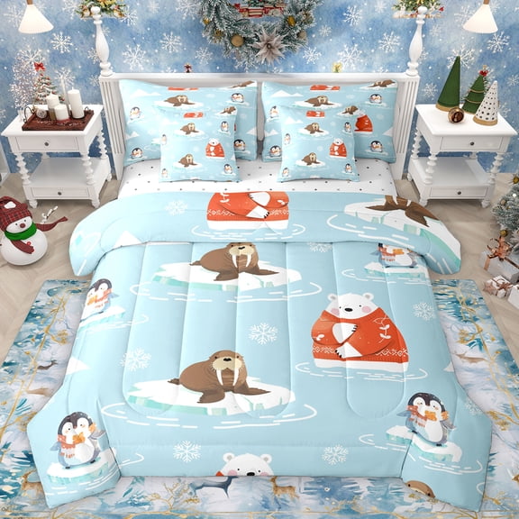 Homewish Kawaii Polar Bear Bedding Comforter Set for Teen, Cute Winter Penguin King Bedding Sets, Cartoon Wildlife Reversible Bed Sheets, Luxury Bedroom Decor