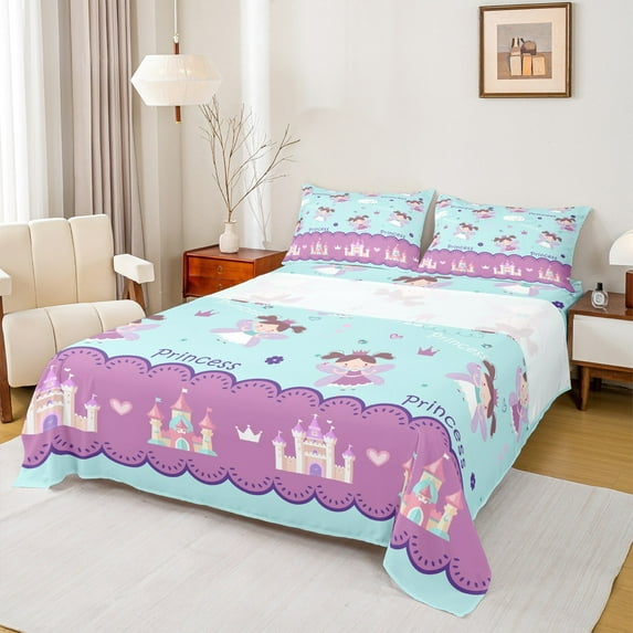Homewish Kawaii Princess Angel Full Size Sheets for Kids, Dreamy Castle Bed Sheets, Blue Purple Cartoon Sheet Sets, Breathable Home Decor, 4pcs