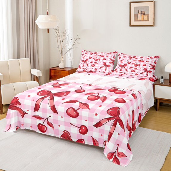 Homewish Kawaii Princess Bow Bed Sheets for Teens, Dreamy Cartoon Bowknot King Sheets, Pink Buffalo Plaid Sheet Set, Luxury Bedroom Decor, 4 Pieces