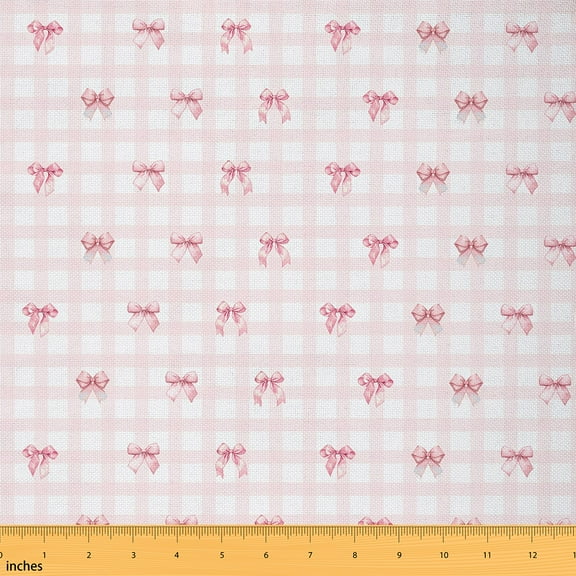 Homewish Kawaii Princess Bowknot Fabric by the Yard 1 Yard for Kids, Pink Checkered Buffalo Room Decor Fabric by the Yard, Cartoon Ribbon Theme Sewing Fabric, Luxury Bedroom Decor