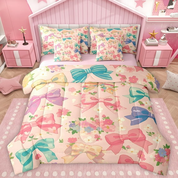Homewish Kawaii Princess Bowknot Twin Bedding Sets 7-Piece for Girl, Vintage Cherry Blossoms Bedding Comforter Set, Fairy Tale Reversible Sheet Sets, Breathable Home Decor