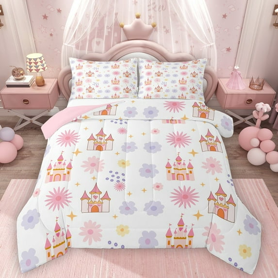 Homewish Kawaii Princess Castle Bedding Comforter Set 2pcs for Teens Female Adults,Vintage Flowers Twin Comforter Sets Microfiber,Stars Print Breathable Bedding Set,Lightweight Room Decor,Reversible