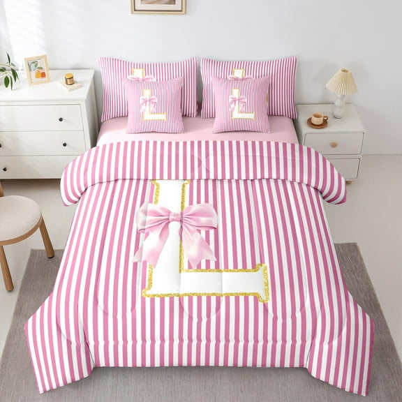 Homewish Kawaii Princess Style Twin Bedding Sets 7-Piece for Teen, Kawaii Initial L Letter Bedding Comforter Set, Pink Stripes Line Reversible Sheet Sets, Luxury Bedroom Decor