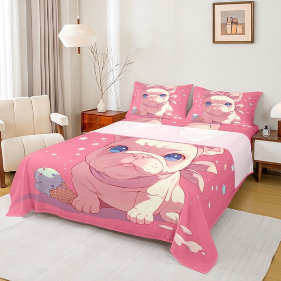 Homewish Kawaii Pug Dog Bed Sheets for Kids, Pink Cartoon Animal King Sheets, Cute Dalmatian Lover Sheet Set, Breathable Home Decor, 4 Pieces