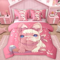 Homewish Kawaii Pug Dog Twin Bedding Sets 7-Piece for Kids, Pink Cartoon Animal Bedding Comforter Set, Cute Dalmatian Lover Reversible Sheet Sets, Breathable Home Decor