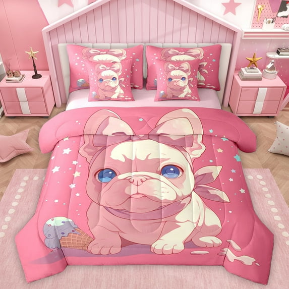 Homewish Kawaii Pug Dog Twin Bedding Sets 7-Piece for Kids, Pink Cartoon Animal Bedding Comforter Set, Cute Dalmatian Lover Reversible Sheet Sets, Breathable Home Decor