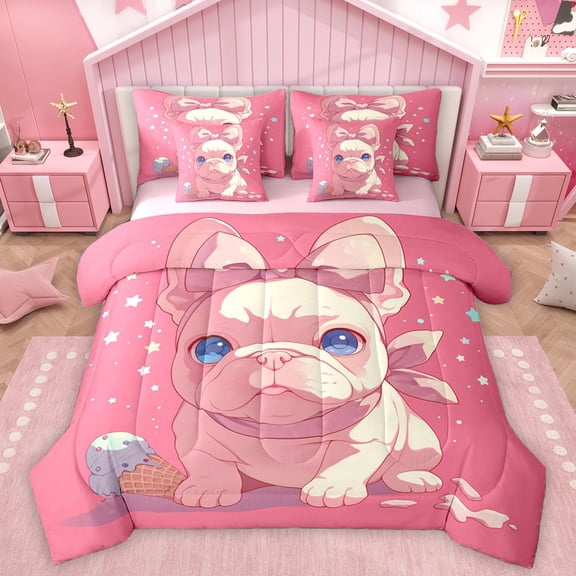 Homewish Kawaii Pug Dog Twin Bedding Sets 7-Piece for Kids, Pink Cartoon Animal Bedding Comforter Set, Cute Dalmatian Lover Reversible Sheet Sets, Breathable Home Decor