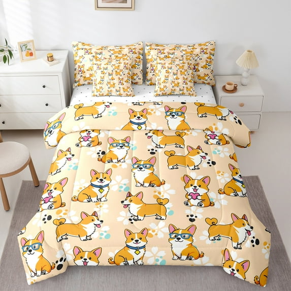 Homewish Kawaii Pug Dog Twin Bedding Sets 7-Piece for Teens, Blossoms Flower Floral Bedding Comforter Set, Cartoon Dalmatian Sheet Sets, Super Cozy Room Decor