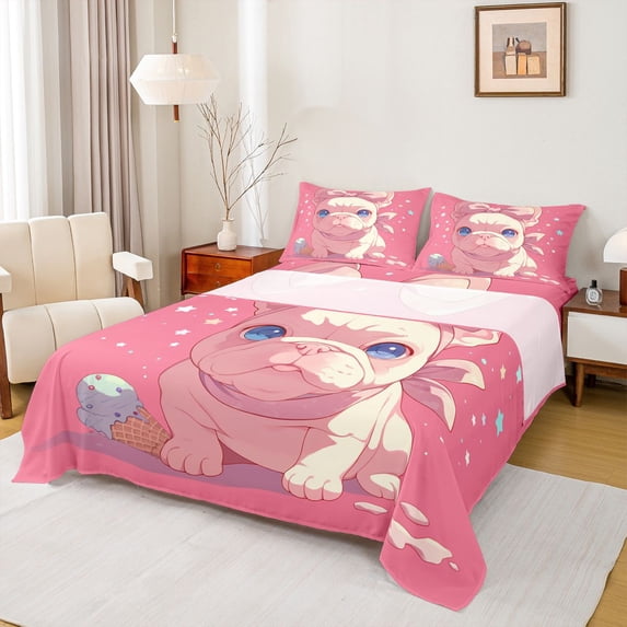 Homewish Kawaii Pug Dog Twin Sheet Sets for Kids, Pink Cartoon Animal Twin Fitted Sheet, Cute Dalmatian Lover Flat Sheet, Breathable Home Decor, 3 Pieces