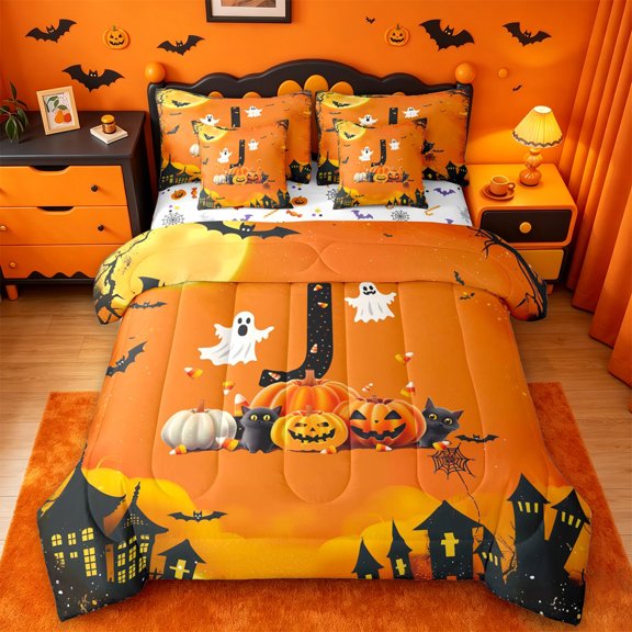 Homewish Kawaii Pumpkin Lantern 7-Piece King Bedding,Gothic Halloween Alphabet J Design King Bed in a Bag,Halloween Reversible
