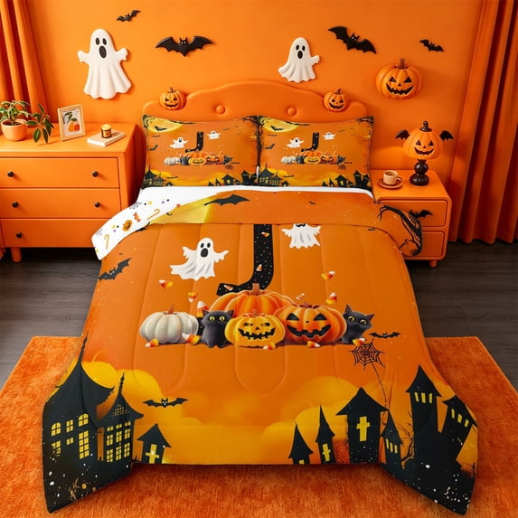 Homewish Kawaii Pumpkin Lantern Queen Comforter Set,Gothic Halloween Alphabet J Design Comforter Sets Queen,Halloween Reversible,3 Pieces,1 Comforter and 2 Pillowcases