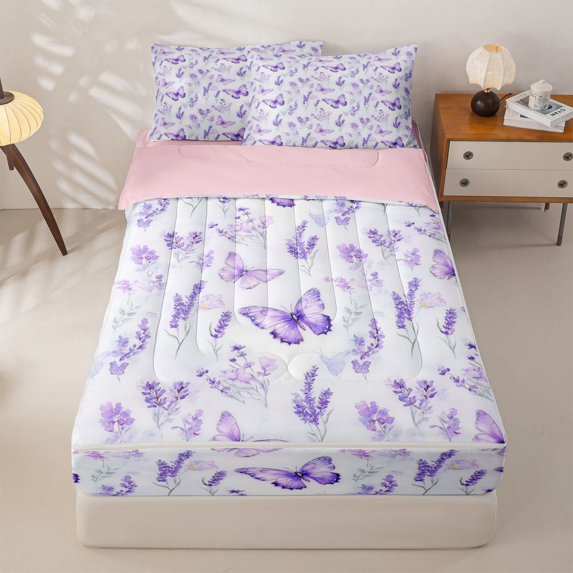 Homewish Kawaii Purple Butterflies Zipper Full Size Comforter Sets with Fitted Sheet and 2 Pillowcases,Rustic Lavender Blossom Zipper Bedding Set For Girl,Reversible,4 Pieces