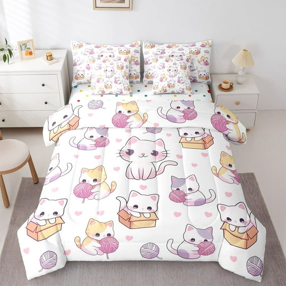 Homewish Kawaii Purple Kitten Twin Bedding Sets 7-Piece, Cartoon Cat Lover Bedding Comforter Set, Teens Kids Boys Girls Reversible Sheet Sets, Ultra Soft Bedroom Decor