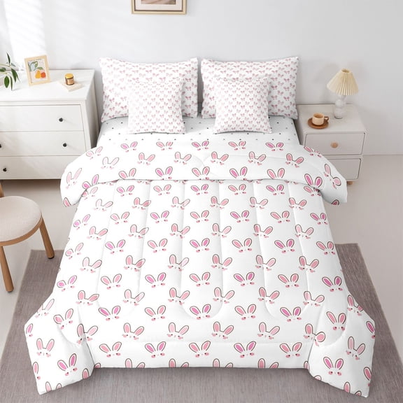 Homewish Kawaii Rabbit 7-Piece Bedding Comforter Set For Preppy Children,Cartoon Animal King Bedding Sets,Pink White Ultra Soft Bed Sheets,Microfiber Bedroom Decor,Reversible