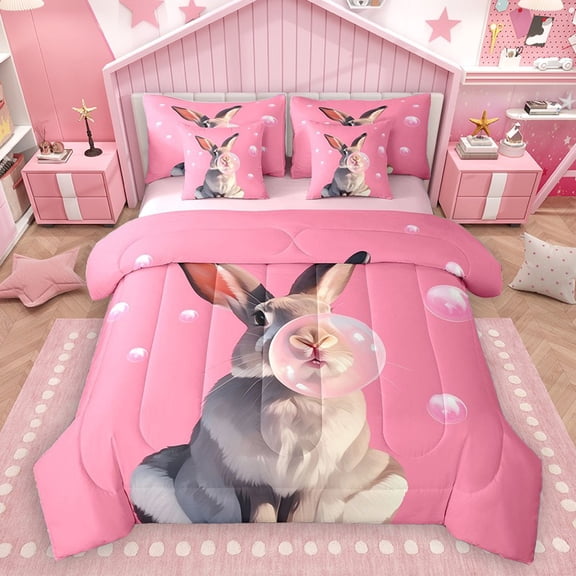 Homewish Kawaii Rabbit 7pcs Bedding Comforter Set for Kids Children Teens,Pink Bubbles Queen Bedding Sets Super Cozy,Cute Animal Queen Sheet Sets,Super Cozy Room Decor,Reversible