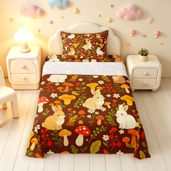 Homewish Kawaii Rabbit Animals Twin Sheets,Rustic Plant Mushrooms Bedding,Brown,3pcs,1 Flat Sheet,1 Fitted Sheet and 1 Pillowcase