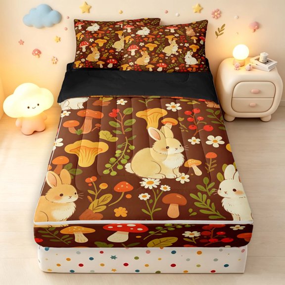 Homewish Kawaii Rabbit Animals Zipper Queen Comforter Set with Fitted Sheet and 2 Pillowcases,Rustic Plant Mushrooms Zipper Bedding Set,Brown,Black Reversible,4pcs
