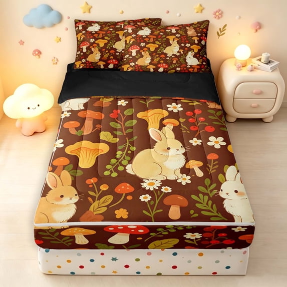Homewish Kawaii Rabbit Animals Zipper Twin Comforter Sets with Fitted Sheet and 2 Pillowcases,Rustic Plant Mushrooms Zipper Bedding Set,Brown,Black Reversible,4pcs