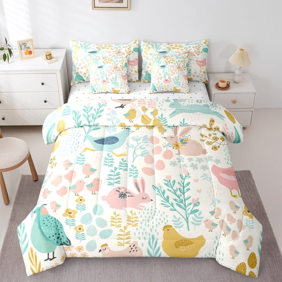 Homewish Kawaii Rabbit Bunnies Bedding Comforter Set 7 Pieces, Cartoon Farm Rooster Full Bedding Set, Rustic Plant Botanical Fitted Sheet Flat Sheet, Microfiber Bedroom Decor