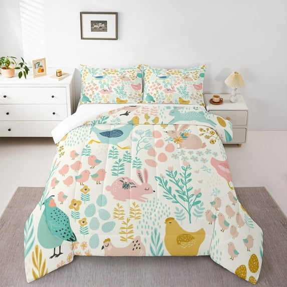 Homewish Kawaii Rabbit Bunnies Full Size Comforter Sets, Cartoon Farm Rooster Bedding Comforter Set, Rustic Plant Botanical Bedding Sets, Microfiber Bedroom Decor, 3-Piece