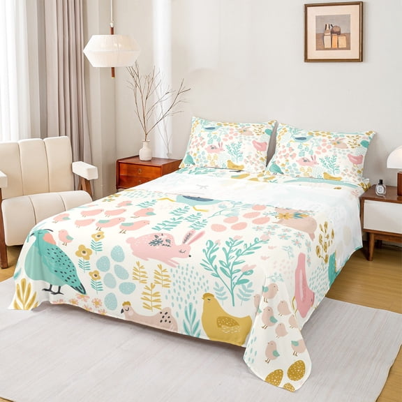Homewish Kawaii Rabbit Bunnies Twin Sheet Sets, Cartoon Farm Rooster Twin Fitted Sheet, Rustic Plant Botanical Flat Sheet, Microfiber Bedroom Decor, 3-Piece