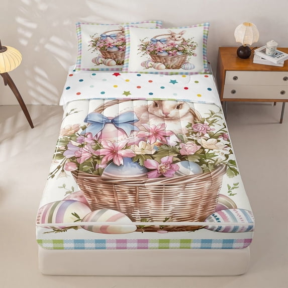 Homewish Kawaii Rabbit Bunny Zipper Twin Comforter Sets with Fitted Sheet and 2 Pillowcases,Cute Easter Eggs Kawaii Blossom Floral Zipper Bedding Set For Girls Kids,Reversible,4 Pieces