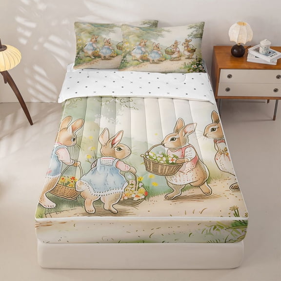 Homewish Kawaii Rabbit Bunny Zipper Twin Comforter Sets with Fitted Sheet and 2 Pillowcases,Rustic Farmhouse Flowers Kids Zipper Bedding Set For Girls,Reversible,4-Piece