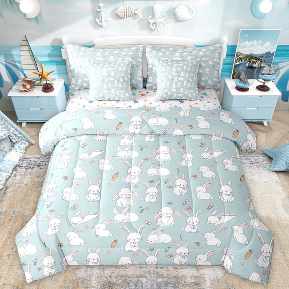 Homewish Kawaii Rabbit Child Bedding Comforter Set, Cute Bunnies Animal Lover King Bedding Sets, Blue Cartoon Theme Reversible Bed Sheets, Lightweight Room Decor