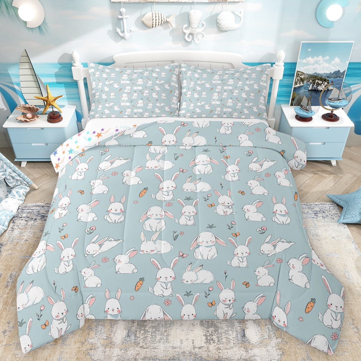 Homewish Kawaii Rabbit Child Queen Comforter Set, Cute Bunnies Animal ...